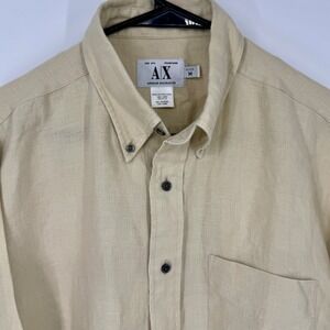 Armani Exchange Mens Medium Vintage Button Up Shirt‎ Long Sleeve Beige Linen